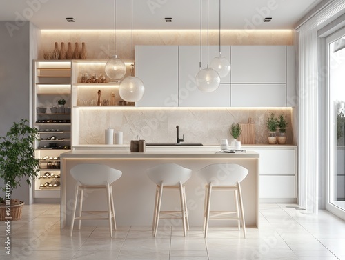 A modern kitchen features a neutral color scheme and bright lighting
