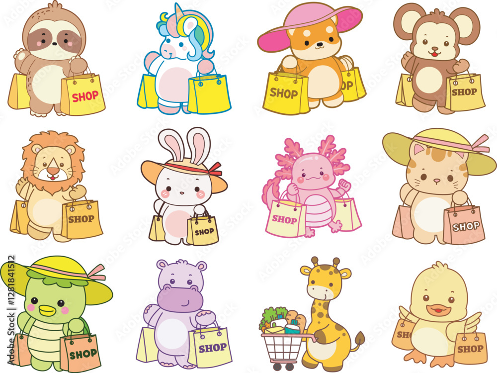 Fototapeta premium Set Vector Stock Illustrations Isolated of Baby Animals. Cute animals with various activities. Funny sticker of animal kids.
