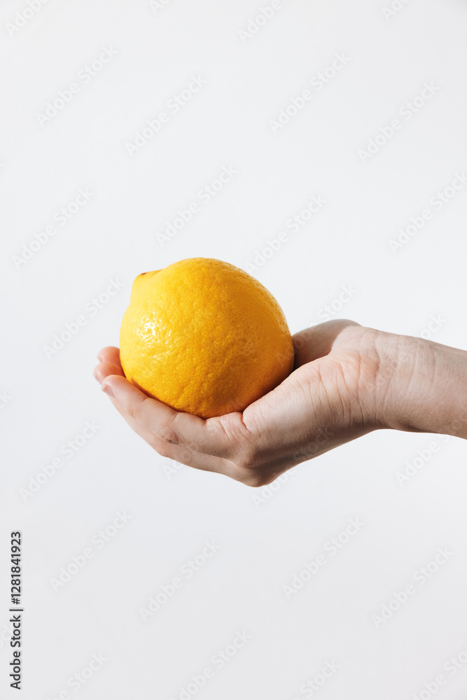Person holding lemon on white background with copy space for text Person holding lemon on white background with copy space for text
