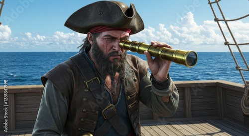 Pirate captain scans the horizon with spyglass searching for treasure ships