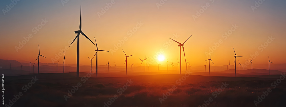 Obraz premium A cinematic still of wind turbines in the distance, sunset 