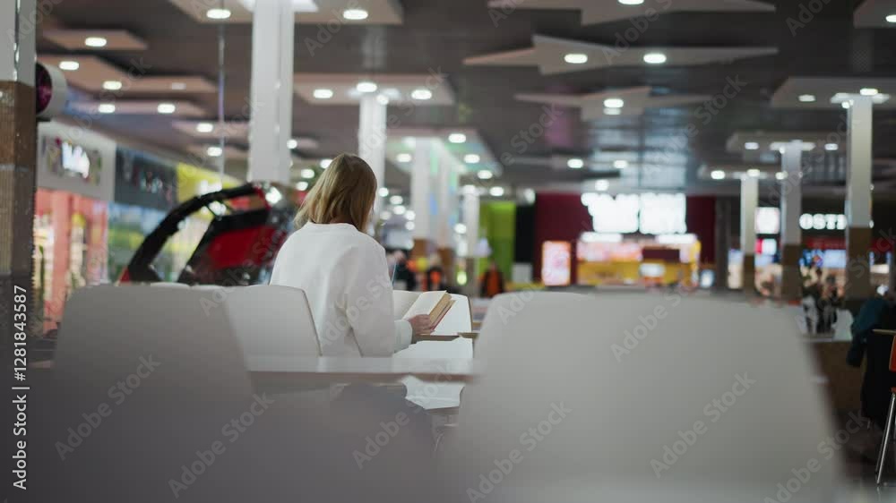 Back view of young woman reading book at table in mall, with vibrant background and bokeh light effect, surrounded by shopping bags, creating a cozy and relaxed atmosphere Back view of young woman reading book at table in mall, with vibrant background and bokeh light effect, surrounded by shopping bags, creating a cozy and relaxed atmosphere