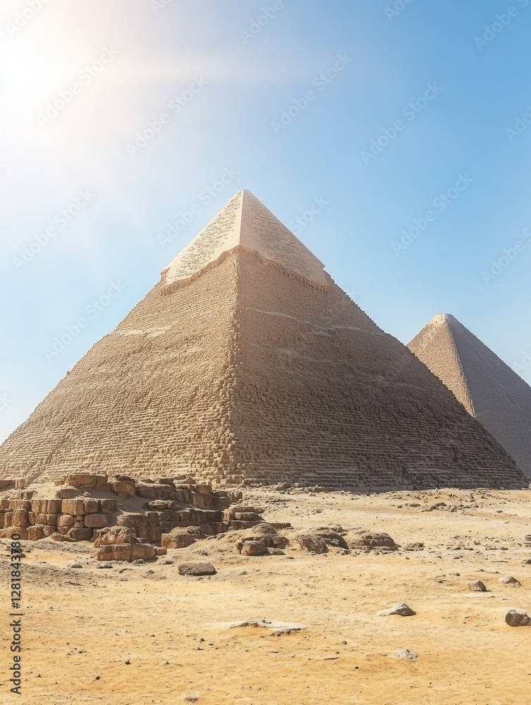 Majestic Egyptian Pyramids of Giza under Clear Blue Sky Capturing Ancient Architecture and Desert Landscape in Golden Sunlight Majestic Egyptian Pyramids of Giza under Clear Blue Sky Capturing Ancient Architecture and Desert Landscape in Golden Sunlight