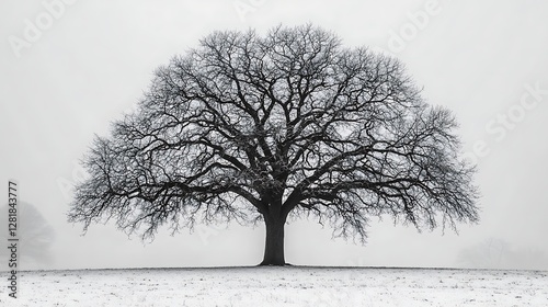 Lone tree, winter, snow, fog, field