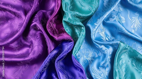 Luxurious brocade fabric with floral designs in rich jewel tones: A detailed shot of opulent brocade fabric, adorned with intricate floral patterns woven in deep emerald, sapphire, and ruby hues,