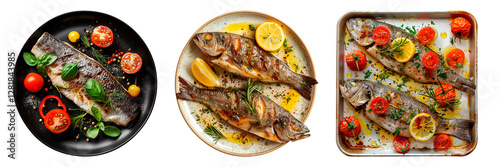 Canvas Print Grilled whole fish with cherry tomatoes, lemon slices, and herbs on a transparent background