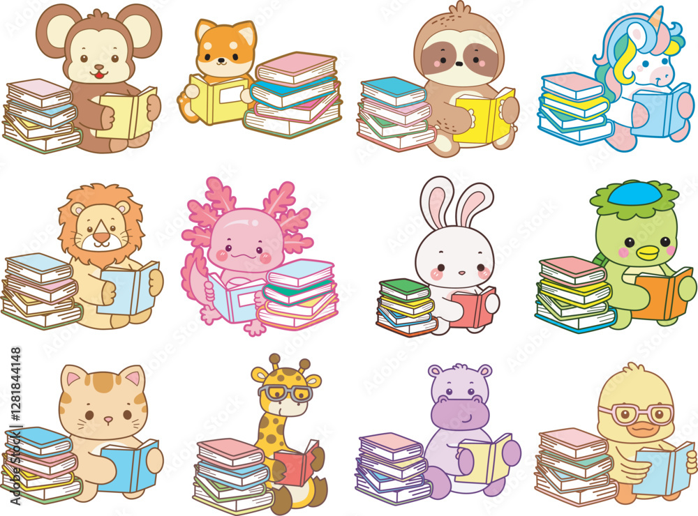 Obraz premium Set Vector Stock Illustrations Isolated of Baby Animals. Cute animals with various activities. Funny sticker of animal kids.