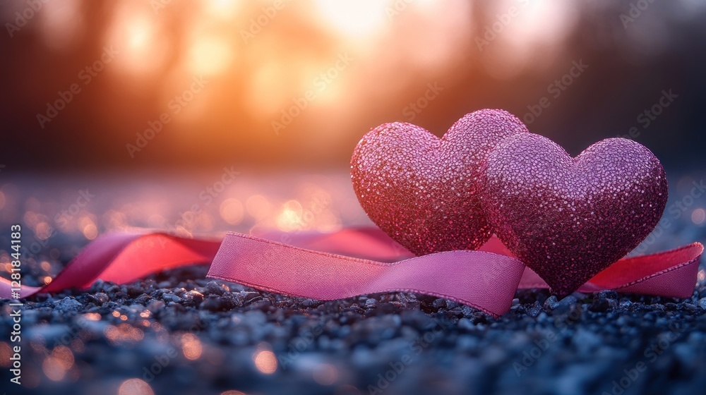 Fototapeta premium Sunset romance Two hearts, ribbon, ground