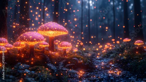 Magical Forest Scene with Glowing Mushrooms and Floating Particles for Mental Health Awareness in Vibrant Surreal Style