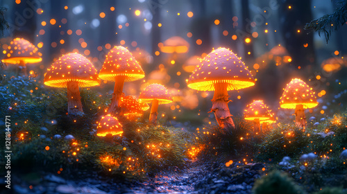 Magical Forest Scene with Glowing Mushrooms and Floating Particles for Mental Health Awareness in Vibrant Surreal Style