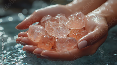 Close-Up Photorealistic Spa Relaxation Concept with Hands Holding Crystal Stones and Water Droplets on Marble Background