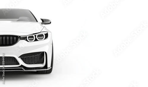 Front view of a modern white generic sport car on a white background with copyspace
