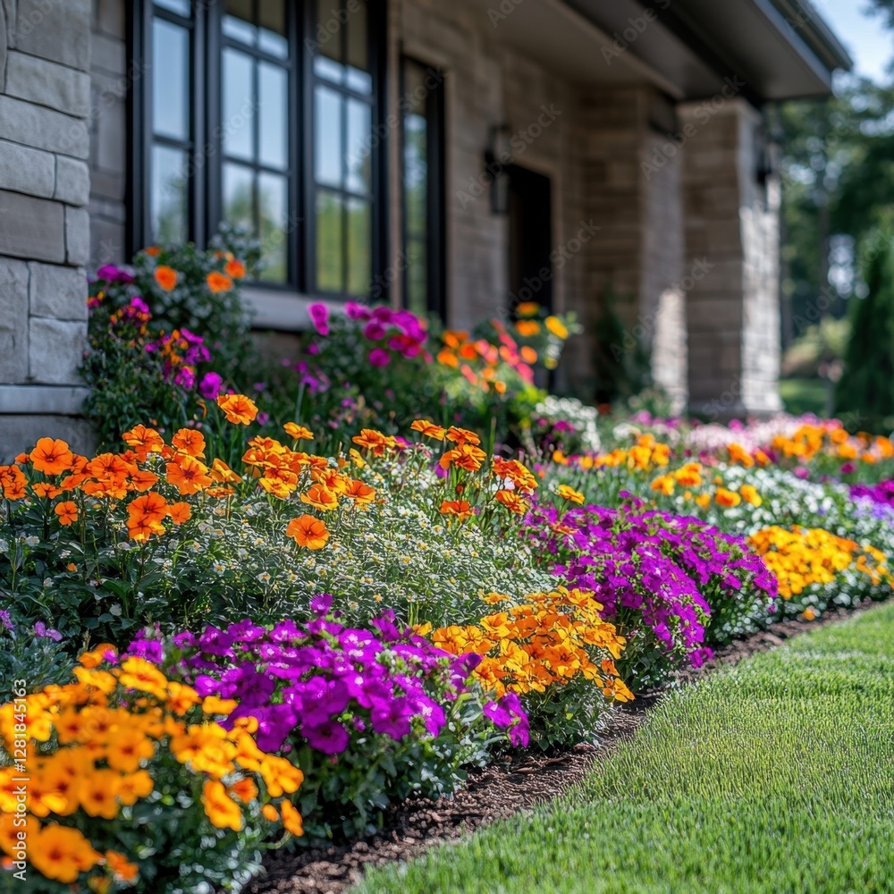 Fototapeta premium Vibrant floral display in a garden bed near a stone house showcasing colorful blossoms and lush greenery in a serene outdoor setting