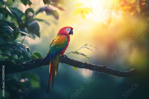 A colorful parrot perched on a tree branch in a tropical rainforest, vibrant sunlight illuminating its feathers while the background fades into soft, diffused light, photo