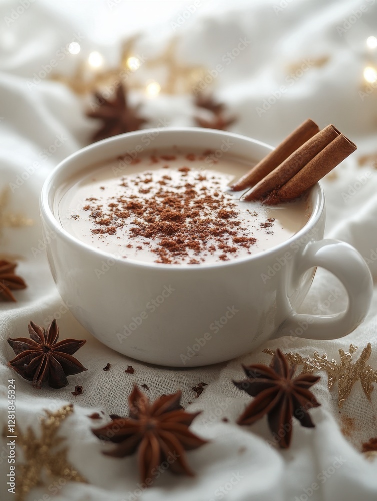Cozy cup of spiced milk with cinnamon sticks and star anise on a white fabric background capturing a warm and inviting mood Cozy cup of spiced milk with cinnamon sticks and star anise on a white fabric background capturing a warm and inviting mood