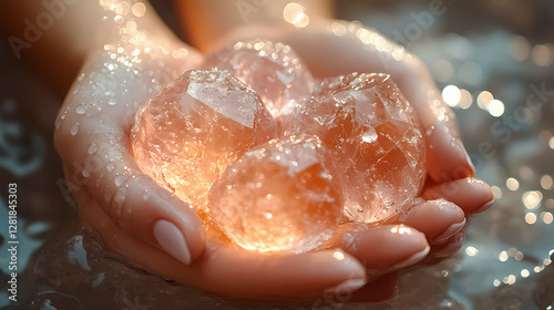 Close-Up Photorealistic Spa Relaxation Concept with Hands Holding Crystal Stones and Water Droplets on Marble Background