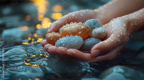 Close-Up Photorealistic Spa Relaxation Concept with Hands Holding Crystal Stones and Water Droplets on Marble Background