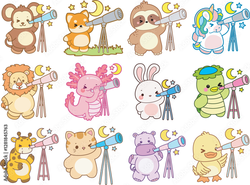 Obraz premium Set Vector Stock Illustrations Isolated of Baby Animals. Cute animals with various activities. Funny sticker of animal kids.