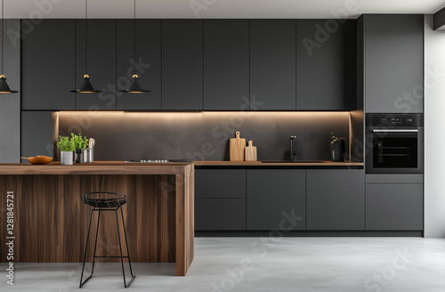 Front view of elegant interior with gray drawers under kitchen cabinet.