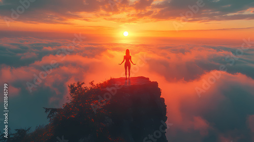 Silhouette of Woman Practicing Yoga on Mountain Cliff During Golden Hour Sunrise with Ethereal Fog and Soft Brush Strokes