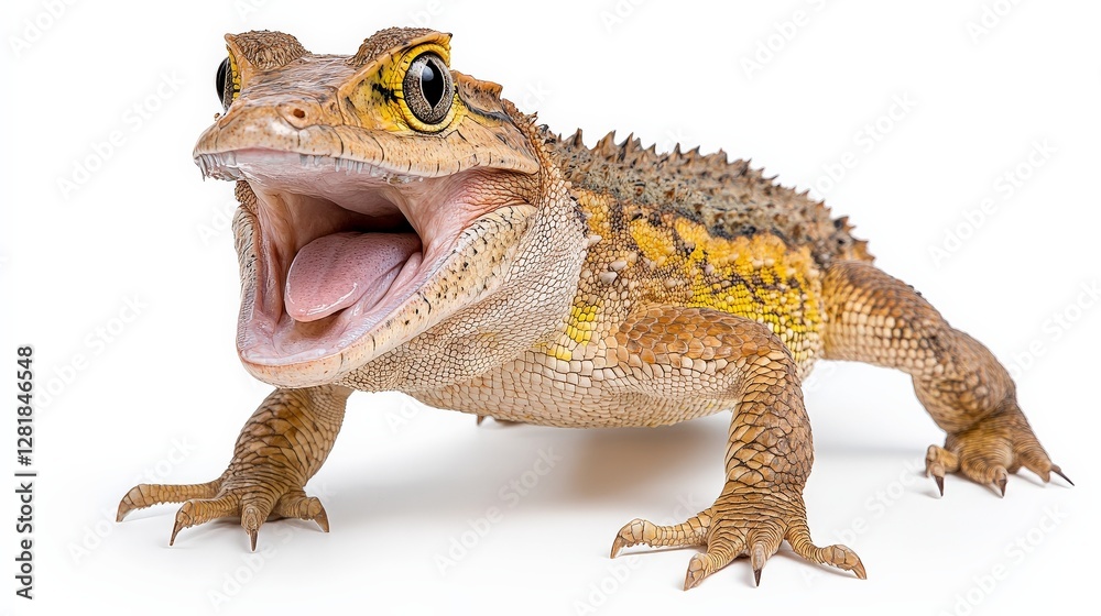 Naklejka premium Frog with mouth open showing tongue in bright white background