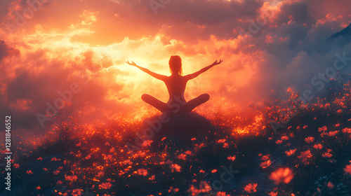 Silhouette of Woman Practicing Yoga on Mountain Cliff During Golden Hour Sunrise with Ethereal Fog and Soft Brush Strokes