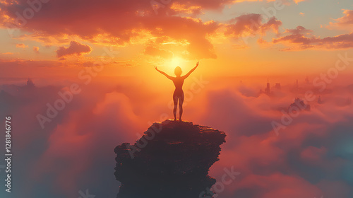 Silhouette of Woman Practicing Yoga on Mountain Cliff During Golden Hour Sunrise with Ethereal Fog and Soft Brush Strokes