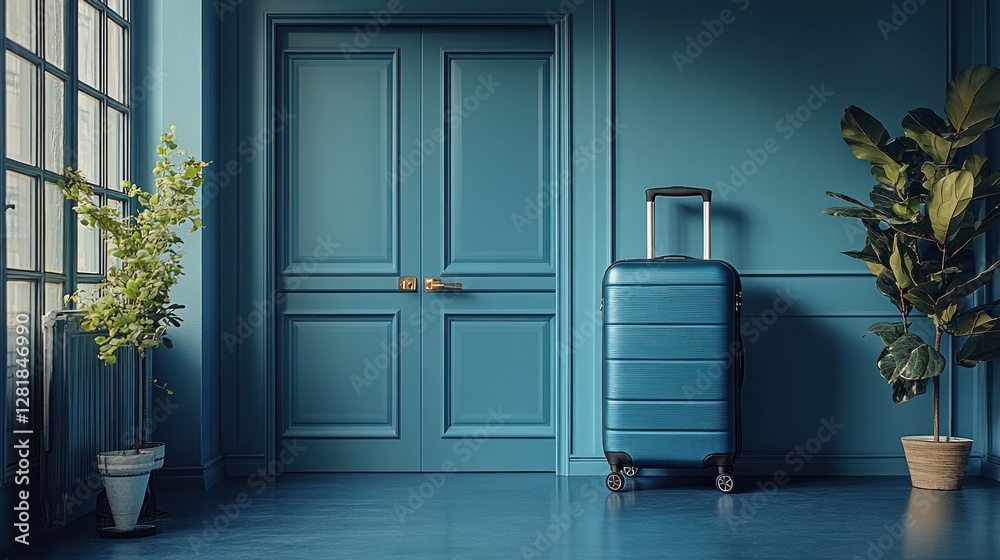 Teal luggage awaits departure in blue hallway