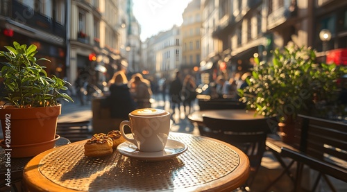 Sunny Outdoor Cafe Terrace with European Street View - Generative AI