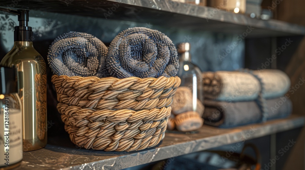 Obraz premium Cozy Bathroom Setup with Rolled Towels and Stylish Accessories
