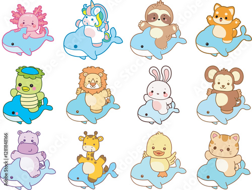 Set Vector Stock Illustrations Isolated of Baby Animals.
Cute animals with various activities.
Funny sticker of animal kids.