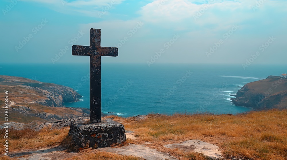 Coastal cross, ocean view, serene landscape Coastal cross, ocean view, serene landscape