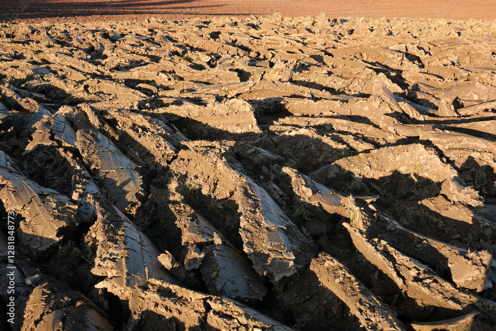 Close-up of clods, freshly ploughed field. Modern farming and irrigation business concept.Fresh arable land after the tractor before sowing