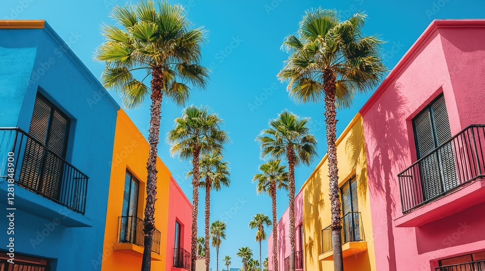 Naklejka premium Brightly colored buildings and palm trees against a clear blue sky