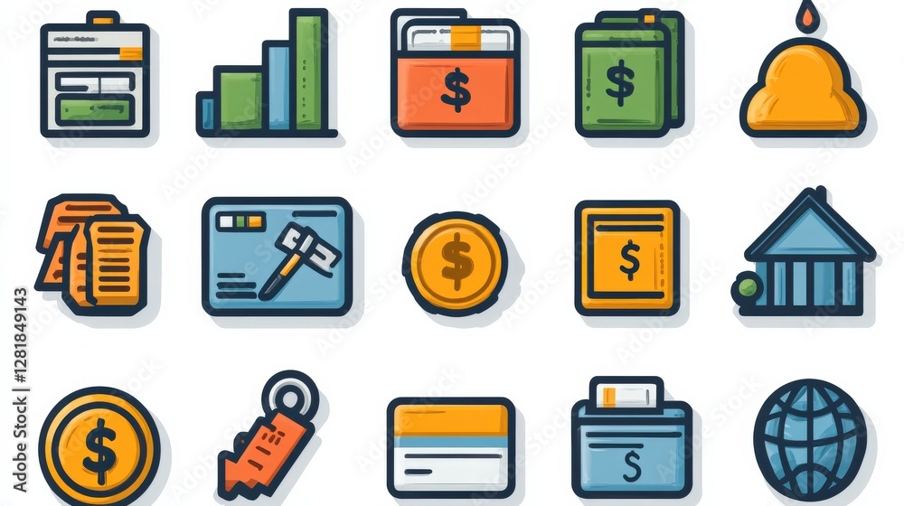 Colorful financial icons depicting money management, banking, and investment themes