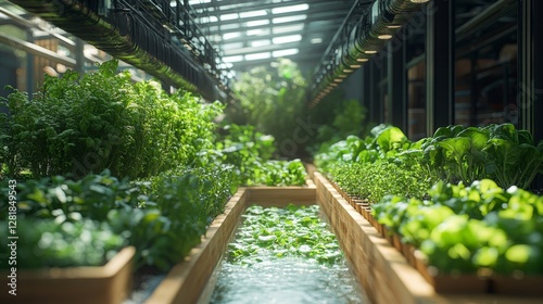 Hydroponic Abundance: A Thriving Indoor Farm with Lush Green Vegetables Growing in Innovative, Water-Efficient System Under Bright Grow Lights