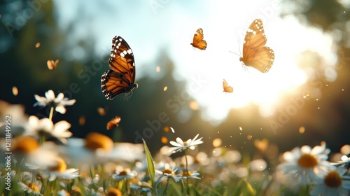 A gathering of stunning butterflies gracefully dances above a field of daisies, celebrating nature's beauty, harmony, and the joy of the spring season. photo