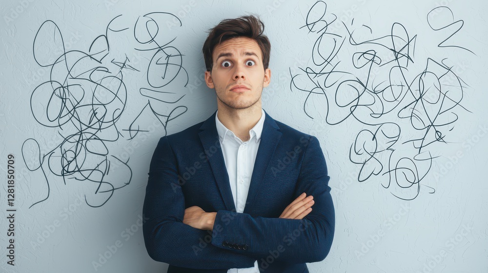 A young man in a suit stands confused between chaotic scribbles on a wall, embodying stress and uncertainty. A young man in a suit stands confused between chaotic scribbles on a wall, embodying stress and uncertainty.