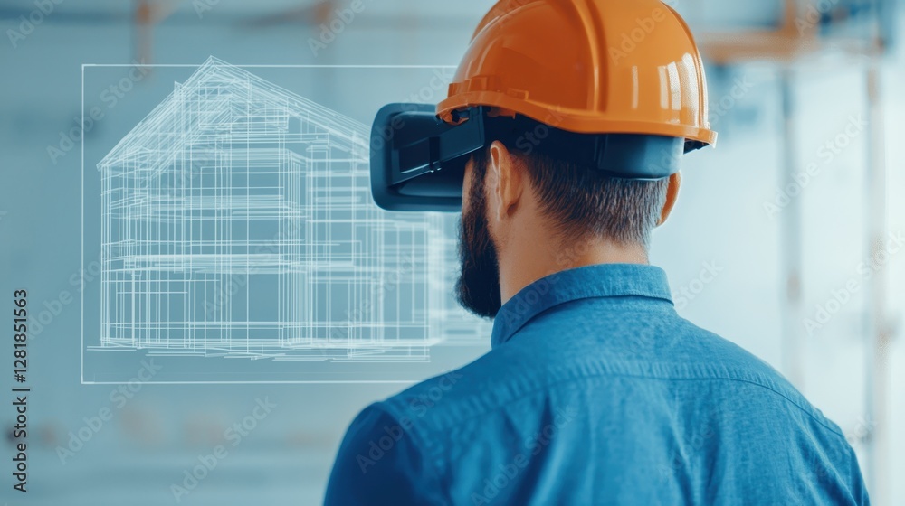 A construction worker in a hard hat uses virtual reality to visualize a house design, showcasing the integration of technology in building projects. A construction worker in a hard hat uses virtual reality to visualize a house design, showcasing the integration of technology in building projects.