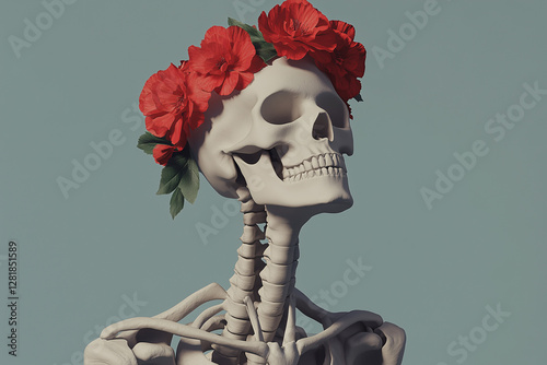 Memento Mori: A detailed render of a human skeleton adorned with a vibrant crown of red flowers, symbolizing the fleeting beauty of life and the inevitability of mortality.