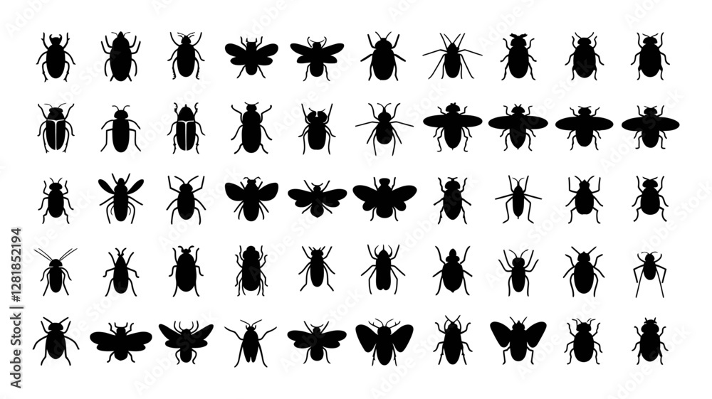 Obraz premium Set of Black Silhouettes of Various Insects, Beetles, Flies, and Ants in Different Poses, Isolated 