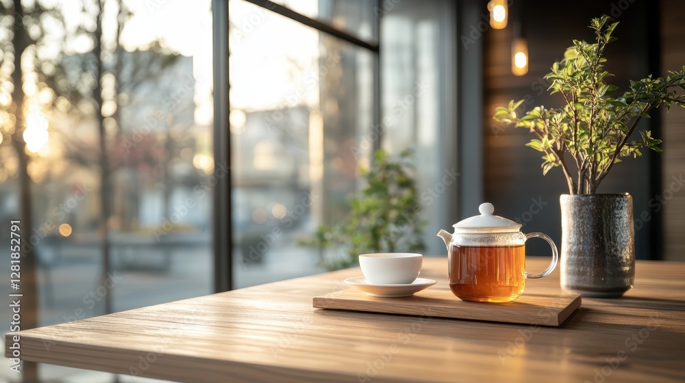 A beautifully arranged tea set on a wooden table captures a relaxed atmosphere, enhanced by soft golden light spilling through windows, inviting moments of peace. A beautifully arranged tea set on a wooden table captures a relaxed atmosphere, enhanced by soft golden light spilling through windows, inviting moments of peace.