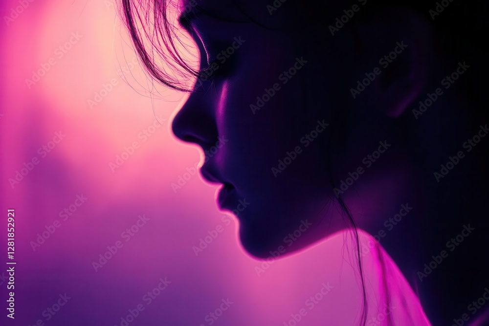 portrait of woman in deep thought side profile ethereal purple lighting minimalist composition emotional depth portrait of woman in deep thought side profile ethereal purple lighting minimalist composition emotional depth
