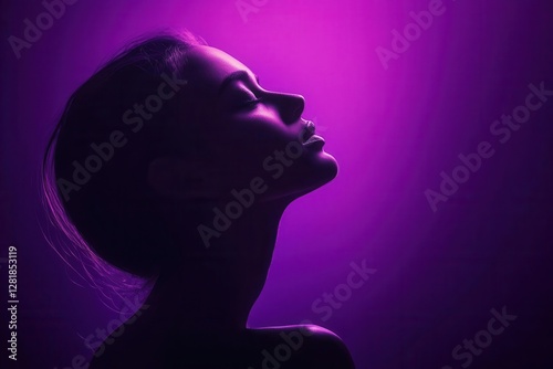 portrait of woman in deep thought side profile ethereal purple lighting minimalist composition emotional depth photo