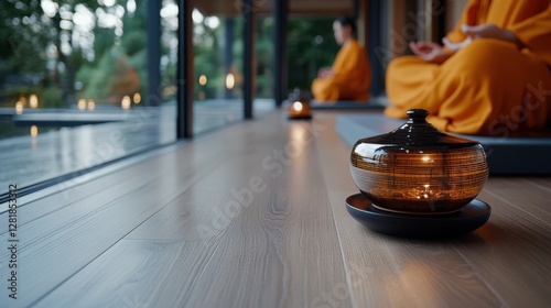 A peaceful meditation session unfolds in a tranquil setting, with meditators in orange robes surrounded by glowing lanterns and nature. photo