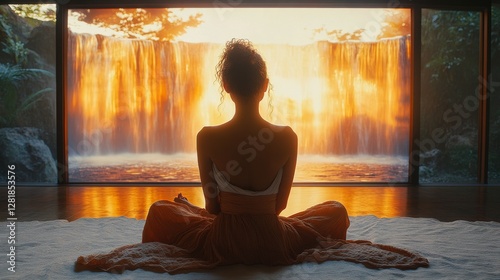 Serene Meditation: Woman Meditating in Lotus Position Facing a Golden Waterfall Beyond Glass Window, Embracing Inner Peace and Tranquility Amidst Nature's Beauty