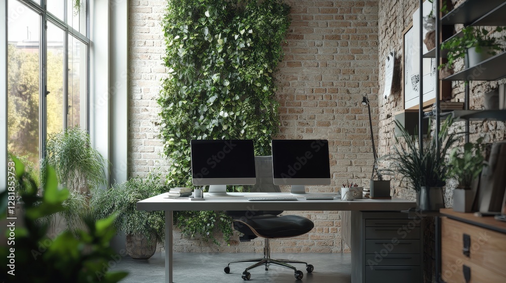 Fototapeta premium Biophilic workplace, contemporary office interior with living wall