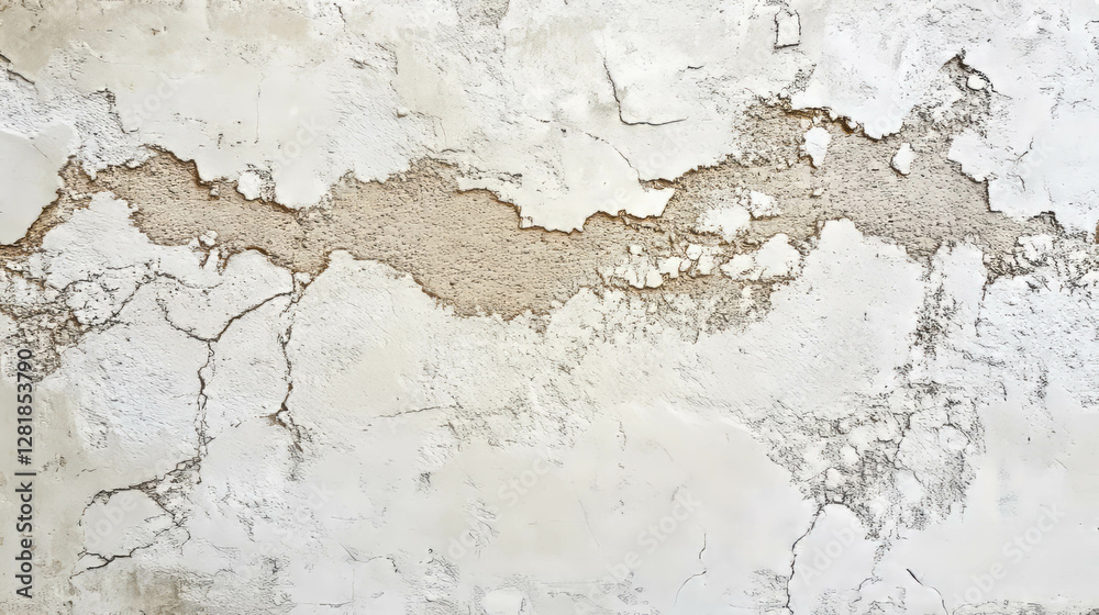 Fototapeta premium Weathered brick wall with cracked white stucco texture
