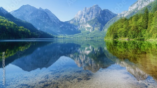 A pristine mountain lake surrounded by rugged peaks and dense evergreen forests, with a mirror-like surface.