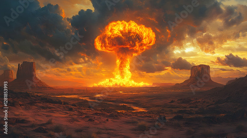 Fiery explosion in desert landscape with dramatic clouds